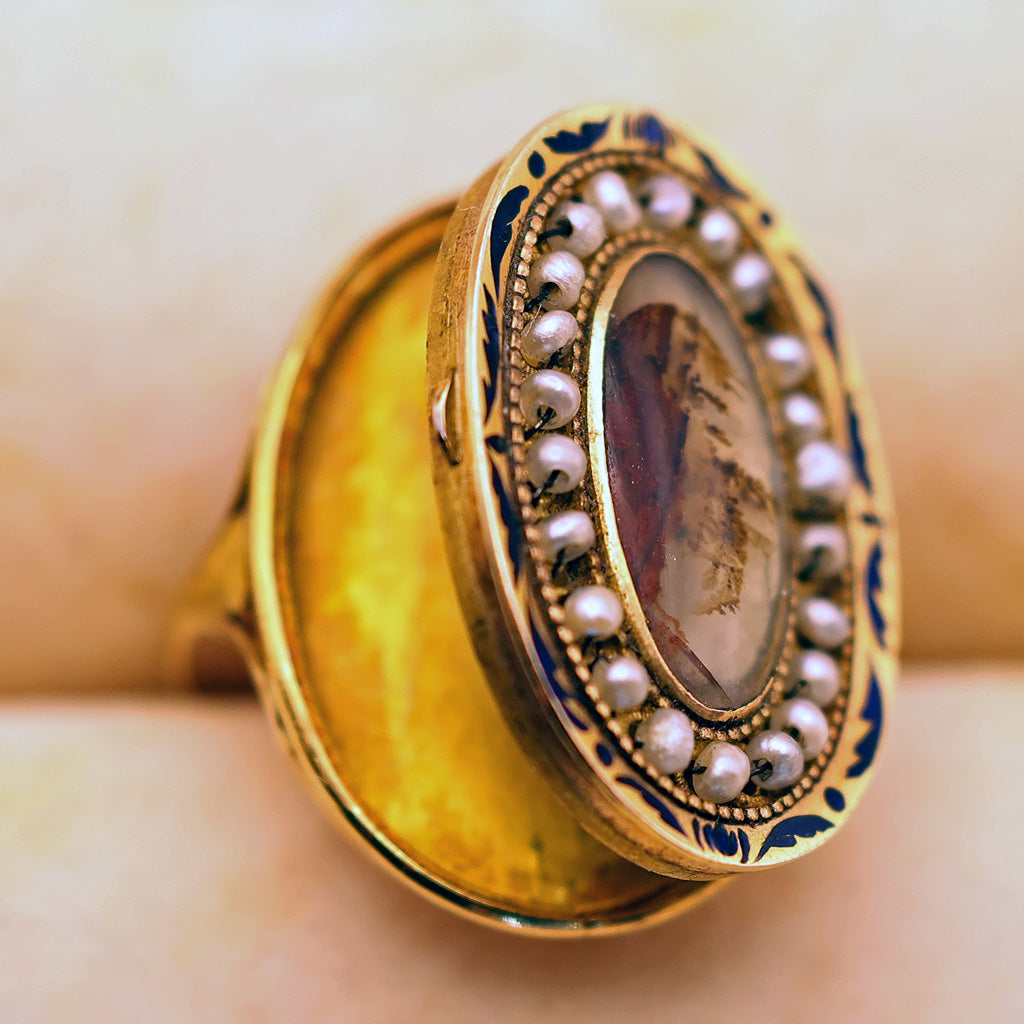 Antique Georgian Ring moss agate 18k gold pearls enamel locket secret (7559)
