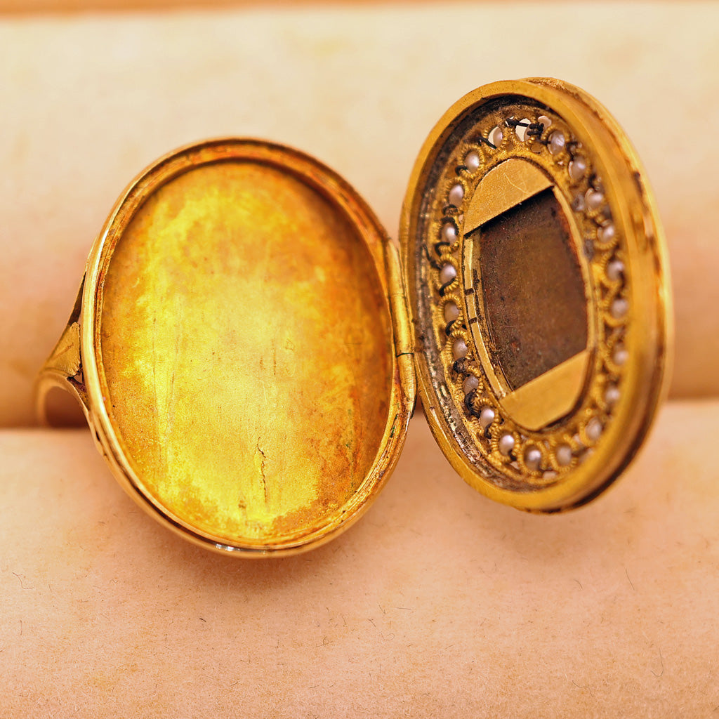 Antique Georgian Ring moss agate 18k gold pearls enamel locket secret (7559)