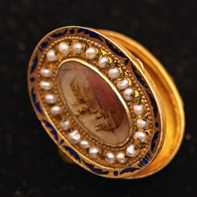 Antique Georgian Ring moss agate 18k gold pearls enamel locket secret (7559)