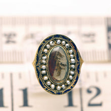 Antique Georgian Ring moss agate 18k gold pearls enamel locket secret (7559)
