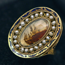 Antique Georgian Ring moss agate 18k gold pearls enamel locket secret (7559)