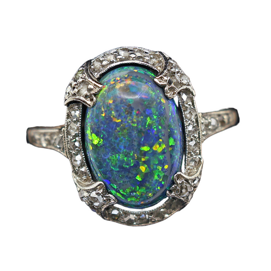 Antique Art Deco ring black opal diamonds white gold great life gleam (7587)