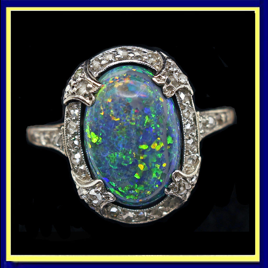 Antique Art Deco ring black opal diamonds white gold great life gleam (7587)