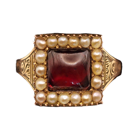 Antique Georgian ring Garnet pearls gold Memorial hidden locket buckle (7589)