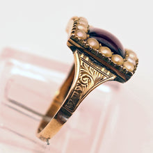 Antique Georgian ring Garnet pearls gold Memorial hidden locket buckle (7589)