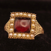 Antique Georgian ring Garnet pearls gold Memorial hidden locket buckle (7589)
