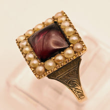 Antique Georgian ring Garnet pearls gold Memorial hidden locket buckle (7589)
