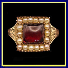 Antique Georgian ring Garnet pearls gold Memorial hidden locket buckle