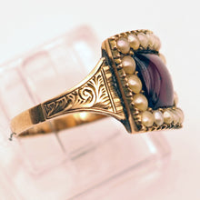Antique Georgian ring Garnet pearls gold Memorial hidden locket buckle side view