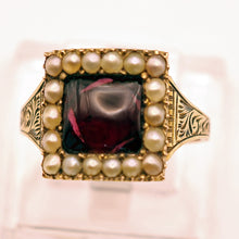 Antique Georgian ring Garnet pearls gold Memorial hidden locket buckle (7589)