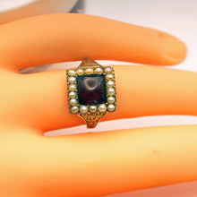 Antique Georgian ring Garnet pearls gold Memorial hidden locket buckle (7589)