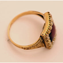 Antique Georgian ring Garnet pearls gold Memorial hidden locket buckle (7589)