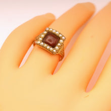 Antique Georgian ring Garnet pearls gold Memorial hidden locket buckle (7589)