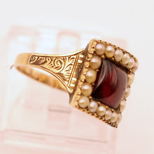 Antique Georgian ring Garnet pearls gold Memorial hidden locket buckle (7589)