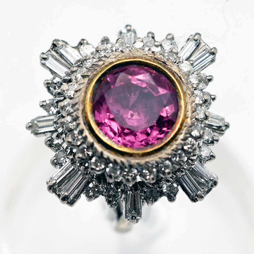 Antique - vintage ring gold 4.68ct pink spinel and diamonds ballerina