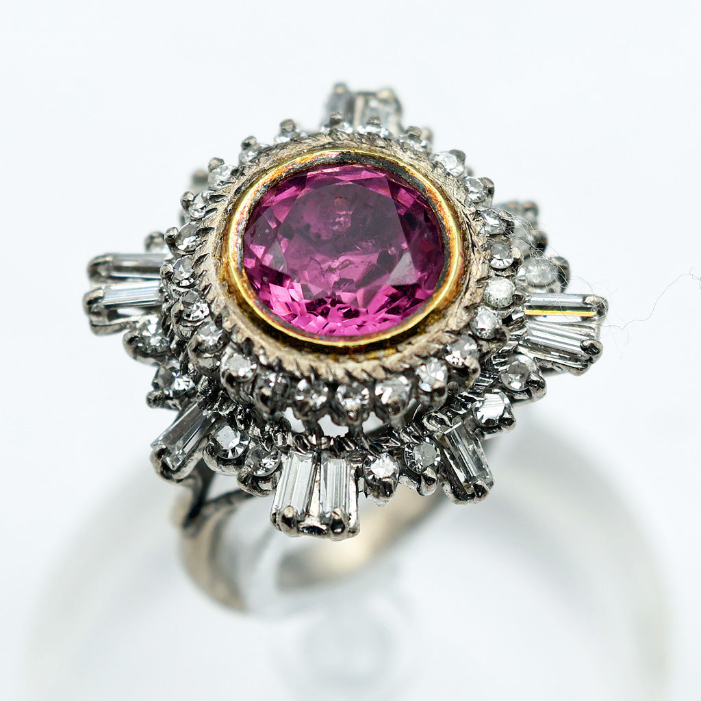 Antique - vintage ring gold 4.68ct pink spinel and diamonds ballerina
