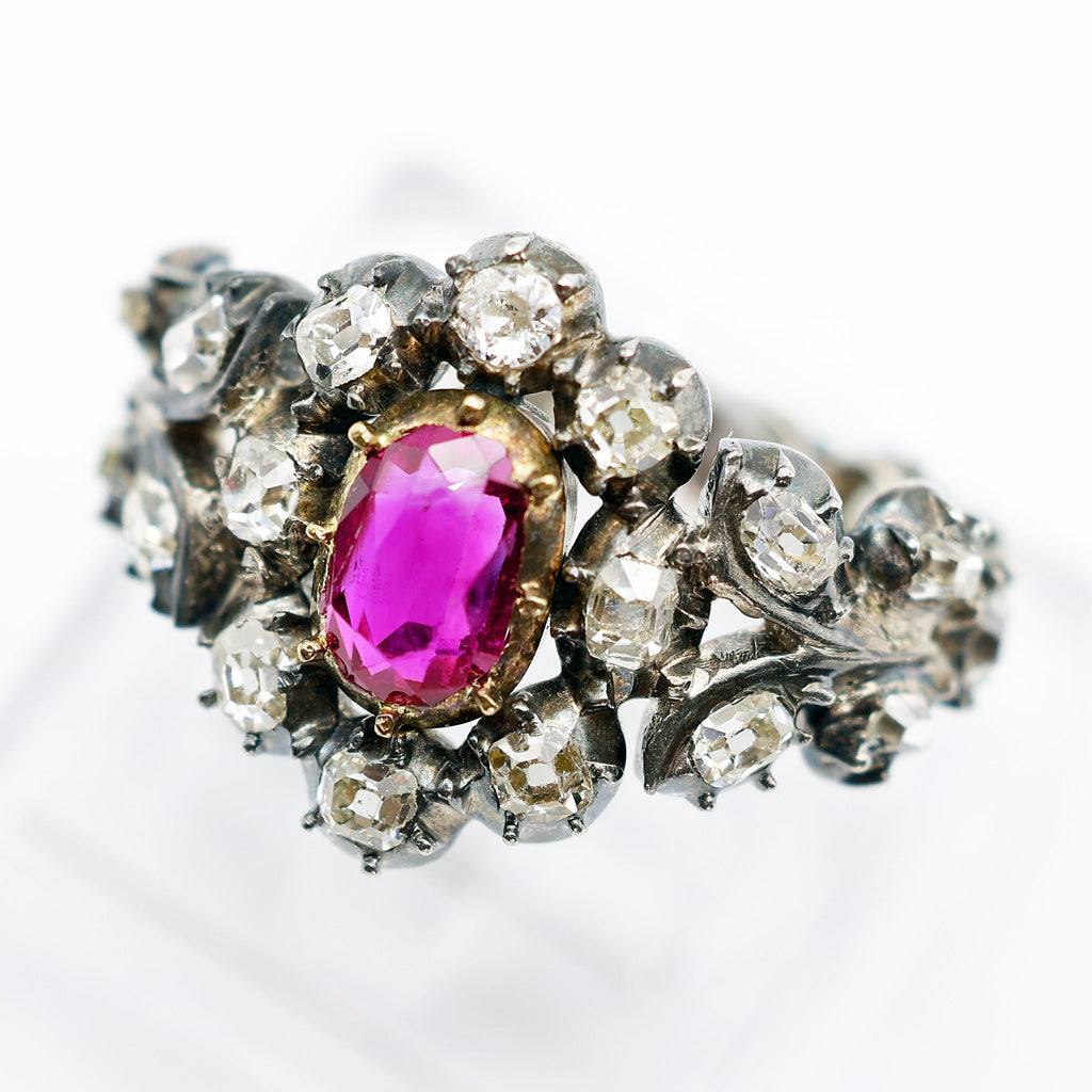 Antique ring ruby diamonds set in silver and some gold India