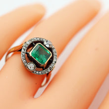 Antique ring 18k gold emerald diamonds French 1890 Edwardian Belle Epoque (7612)