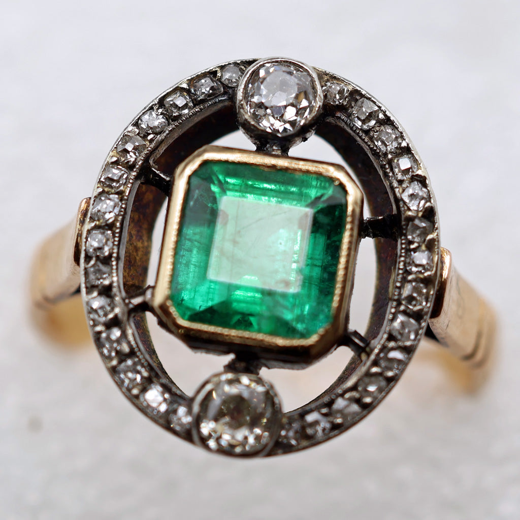 Antique ring 18k gold emerald diamonds French 1890 Edwardian Belle Epoque