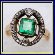 Antique ring 18k gold emerald diamonds French 1890 Edwardian Belle Epoque (7612)