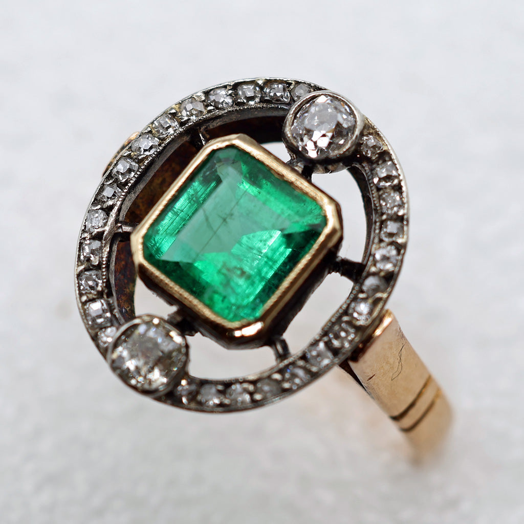Antique ring 18k gold emerald diamonds French 1890 Edwardian Belle Epoque (7612)