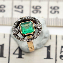 Antique ring 18k gold emerald diamonds French 1890 Edwardian Belle Epoque (7612)