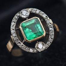 Antique ring 18k gold emerald diamonds French 1890 Edwardian Belle Epoque (7612)