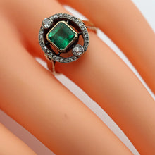 Antique ring 18k gold emerald diamonds French 1890 Edwardian Belle Epoque (7612)
