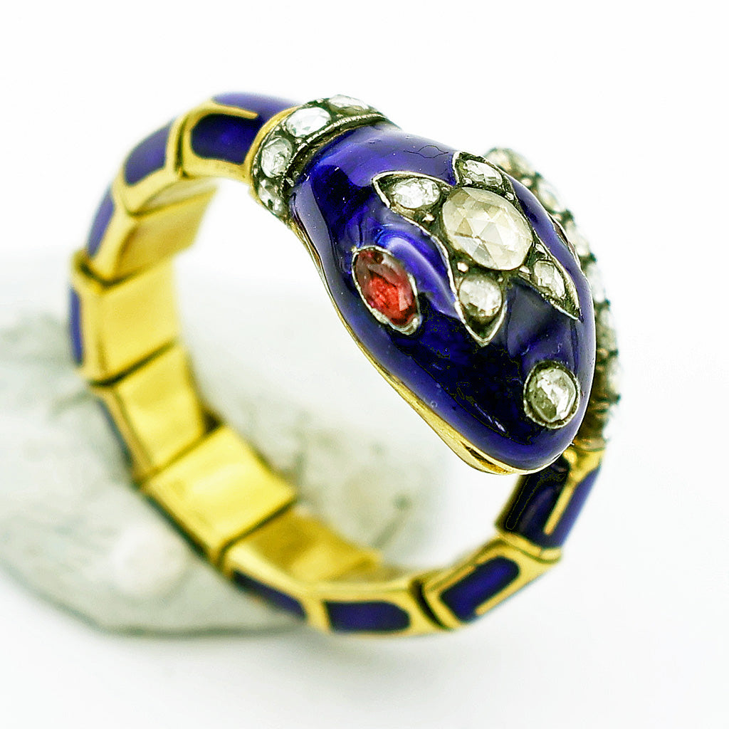 Antique Victorian snake ring gold enamel diamonds ruby articulated Unisex (7621)