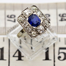 Antique Art Deco ring certified blue sapphire diamonds gold platinum French(7629)