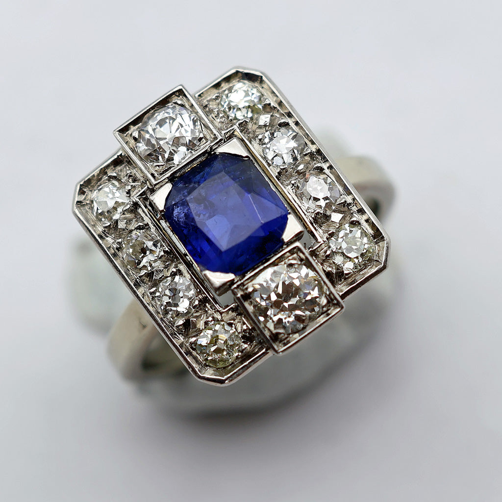 Antique Art Deco ring certified blue sapphire diamonds gold platinum French