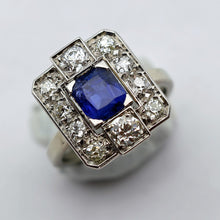 Antique Art Deco ring certified blue sapphire diamonds gold platinum French