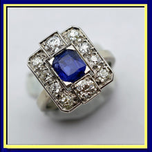 Antique Art Deco ring certified blue sapphire diamonds gold platinum French(7629)
