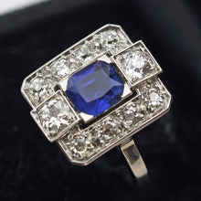 Antique Art Deco ring certified blue sapphire diamonds gold platinum French