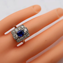 Antique Art Deco ring certified blue sapphire diamonds gold platinum French(7629)