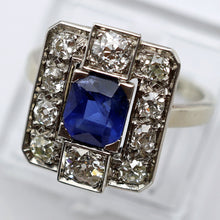 Antique Art Deco ring certified blue sapphire diamonds gold platinum French(7629)