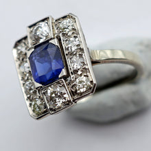 Antique Art Deco ring certified blue sapphire diamonds gold platinum French(7629)