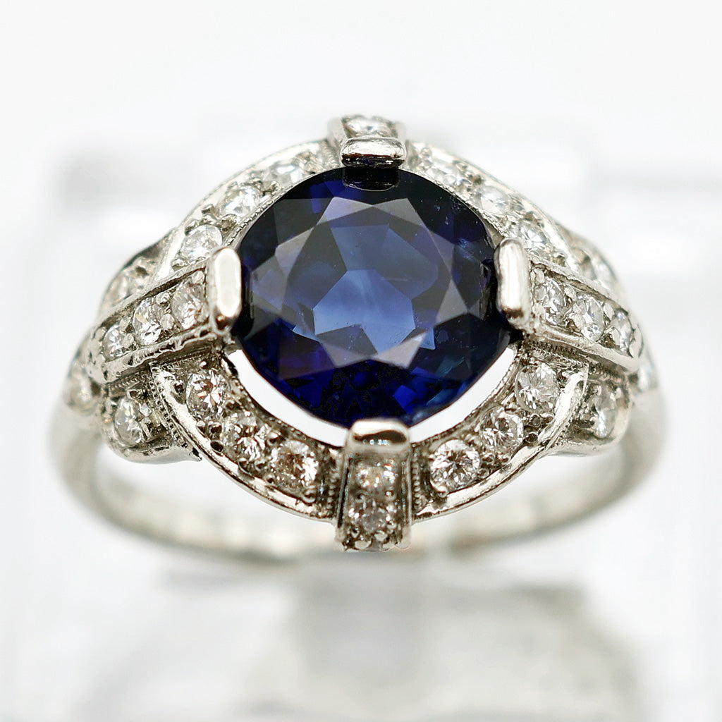 Art Deco ring platinum diamonds 2.82ct blue sapphire no heat AGL cert