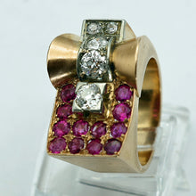 Vintage Retro Tank ring 18k gold diamonds rubies French geometric strong (7680)