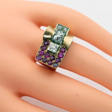 Vintage Retro Tank ring 18k gold diamonds rubies French geometric strong (7680)