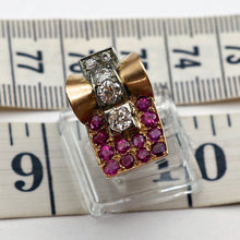 Vintage Retro Tank ring 18k gold diamonds rubies French geometric strong (7680)