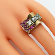Vintage Retro Tank ring 18k gold diamonds rubies French geometric strong (7680)
