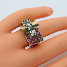 Vintage Retro Tank ring 18k gold diamonds rubies French geometric strong (7680)