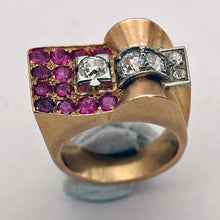 Vintage Retro Tank ring 18k gold diamonds rubies French geometric strong
