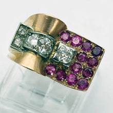 Vintage Retro Tank ring 18k gold diamonds rubies French geometric strong