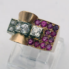 Vintage Retro Tank ring 18k gold diamonds rubies French geometric strong