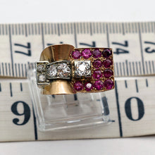 Vintage Retro Tank ring 18k gold diamonds rubies French geometric strong (7680)
