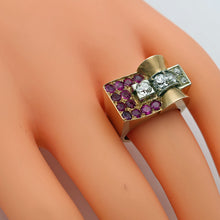 Vintage Retro Tank ring 18k gold diamonds rubies French geometric strong (7680)