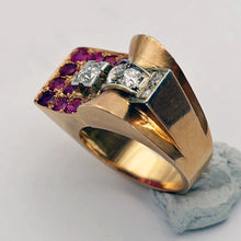 Vintage Retro Tank ring 18k gold diamonds rubies French geometric strong (7680)