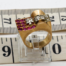 Vintage Retro Tank ring 18k gold diamonds rubies French geometric strong (7680)